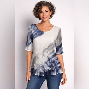 Froccella Blue and White Mesh Blouse with Embroidery